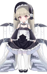 Rule 34 | 1girl, absurdly long hair, azur lane, black dress, black footwear, black headwear, bonnet, dress, flight deck, flower, frilled dress, frills, full body, grey hair, highres, little formidable (azur lane), long hair, looking at viewer, mary janes, pantyhose, red eyes, ribbon, rose, ruwo, shoes, simple background, skirt hold, sleeves past wrists, smile, solo, standing, twintails, two-tone dress, very long hair, white background, white dress, white flower, white pantyhose, white rose