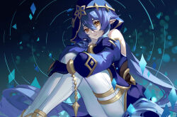 Rule 34 | 1girl, absurdres, bad id, bad twitter id, blue dress, blue gloves, blue hair, blue hood, blue sleeves, claw ring, commentary, dress, drill hair, drill sidelocks, ear piercing, feet out of frame, genshin impact, gloves, gold trim, hair between eyes, highres, hugging own legs, knees up, layla (genshin impact), leowmeow, long hair, looking at viewer, pants, parted lips, piercing, pointy ears, sidelocks, sitting, solo, very long hair, white pants, yellow eyes