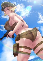 Rule 34 | 1girl, ass, bikini, blonde hair, bougainvillea (unnryuu), breasts, erwin (girls und panzer), from behind, girls und panzer, green bikini, green hat, gun, handgun, hat, highres, large breasts, lens flare, looking back, luger p08, ocean, peaked cap, rainbow, smile, solo, swimsuit, thick thighs, thigh strap, thighs, weapon