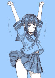 Rule 34 | 10s, 1girl, arms up, blue background, blue theme, clothes lift, female focus, fubuki (kancolle), kantai collection, kouji (campus life), monochrome, one eye closed, outstretched arms, panties, panty peek, pleated skirt, school uniform, serafuku, sidelocks, simple background, sketch, skirt, skirt lift, solo, thighs, underwear, wind, wind lift