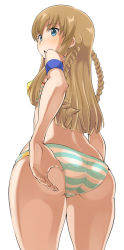 Rule 34 | 1girl, adjusting clothes, adjusting swimsuit, aqua bikini, arm behind back, armband, ass, bare arms, bare shoulders, bikini, blue eyes, braid, brown hair, chestnut mouth, commentary request, cowboy shot, from behind, from below, idolmaster, idolmaster million live!, idolmaster million live! theater days, kousaka umi, long hair, looking at viewer, looking back, norakuro nero, parted lips, sidelocks, simple background, solo, standing, striped bikini, striped clothes, swimsuit, twin braids, white background