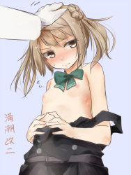 Rule 34 | 1boy, 1girl, admiral (kancolle), akino shuu, belt, belt buckle, black dress, blush, bow, bowtie, brown eyes, brown hair, buckle, character name, dress, embarrassed, fidgeting, flat chest, flying sweatdrops, gloves, green bow, green shirt, hair bun, kantai collection, long sleeves, looking away, looking down, michishio (kancolle), motion lines, nipples, headpat, pinafore dress, purple background, remodel (kantai collection), shirt, short hair, simple background, sleeveless, sleeveless dress, solo focus, strap slip, topless, translated, upper body, white gloves