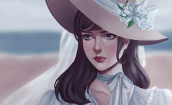 Rule 34 | 1girl, absurdres, black hair, blurry, blurry background, choker, closed mouth, commentary, dress, english commentary, expressionless, eyelashes, flower, grey eyes, hat, hat flower, hat ribbon, highres, lips, long hair, nose, original, portrait, ribbon, ribbon choker, shiro-hane, solo, straw hat, sun hat, white choker, white dress, white flower, white ribbon