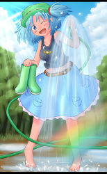 Rule 34 | 1girl, barefoot, blue eyes, blue hair, blush, boots, unworn boots, day, female focus, hair ornament, hat, highres, hose, kappa, kawashiro nitori, looking at viewer, matching hair/eyes, navel, one eye closed, open mouth, pekin, puddle, rubber boots, short hair, skirt, sky, smile, solo, touhou, tree, twintails, two side up, water, wet, wink