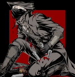 Rule 34 | arizuka (catacombe), belt, belt buckle, blood, bloodborne, buckle, coat, collar, collared jacket, covered mouth, determined, grey hair, hat, highres, hunter (bloodborne), jacket, male focus, mask, needle, saw, saw cleaver, scratches, tricorne