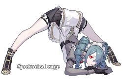 Rule 34 | 1girl, apron, bad id, bad twitter id, bare legs, black gloves, closed mouth, collared shirt, dress, drill hair, first-chan (loalo), gloves, green hair, grey dress, grey shirt, hair over one eye, highres, jack-o&#039; challenge, loalo, looking at viewer, maid, maid apron, maid headdress, necktie, one eye covered, original, pale skin, pointy ears, puffy sleeves, red eyes, red necktie, serious, shirt, shoes, simple background, solo, spread legs, top-down bottom-up, twin drills, twintails, white background