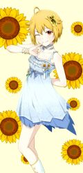 Rule 34 | 1girl, ahoge, arm behind back, blonde hair, blue dress, boots, butterfly hair ornament, collarbone, commentary, drapitz, dress, finger to mouth, floral background, flower, flower ornament, frilled dress, frills, hair flaps, hair ornament, hand up, highres, ibuki tsubasa, idolmaster, idolmaster million live!, lace trim, legs, light blush, looking at viewer, neck ribbon, one eye closed, print dress, red eyes, ribbed dress, ribbon, short hair, sidelocks, smile, solo, sunflower, thighs, white footwear, white ribbon, yellow background