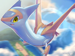 Rule 34 | alternate color, animal focus, artist name, blue sky, claws, cloud, creatures (company), day, dragon, flying, full body, game freak, gen 3 pokemon, green eyes, happy, highres, latias, legendary pokemon, looking down, midair, motion blur, nintendo, no humans, open mouth, outdoors, outline, pokemon, pokemon (creature), rio (user nvgr5434), shiny pokemon, shiny skin, sideways mouth, signature, sky, smile, solo, white outline, wings