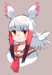 Rule 34 | 1girl, adapted costume, bird girl, bird wings, black hair, blush, commentary request, head wings, highres, japanese crested ibis (kemono friends), kemono friends, long hair, looking at viewer, multicolored hair, naka (buttergirl 02), neckerchief, nose blush, red hair, red neckerchief, sailor collar, shirt, sidelocks, solo, white hair, white shirt, wings, yellow eyes