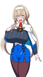 1girl absurdres angry black_legwear blonde_hair blue_dress blush breasts capelet curvy dress green_eyes hairband hayakawakenn highres huge_breasts long_sleeves low_twintails military military_uniform mitsuba_greyvalley open_mouth solo super_robot_wars super_robot_wars_30 twintails white_capelet white_hairband