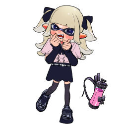 Rule 34 | 1girl, arm warmers, black arm warmers, black bow, black footwear, black skirt, black thighhighs, blonde hair, blue eyes, blunt bangs, blush, bow, center frills, commentary request, domino mask, double finger heart, fangs, finger heart, flipped hair, frills, hair bow, half-closed eyes, hands up, highres, ink tank (splatoon), inkling, inkling girl, inkling player character, jirai kei, ken sogen, long hair, looking at viewer, mask, multiple hair bows, nintendo, pink shirt, pointy ears, puffy short sleeves, puffy sleeves, shirt, shirt tucked in, short sleeves, simple background, skirt, smile, solo, splatoon (series), standing, standing on one leg, thighhighs, two side up, white background