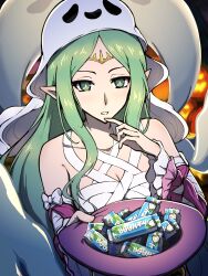 Rule 34 | 1girl, absurdres, bare shoulders, breasts, candy, cleavage, female focus, finger to own chin, fire emblem, fire emblem heroes, food, ghost costume, green eyes, green hair, halloween, halloween costume, hat, highres, holding, holding candy, holding food, jack-o&#039;-lantern, long hair, looking at viewer, matching hair/eyes, medium breasts, naga (fire emblem), naga (halloween) (fire emblem), nintendo, parted lips, phiphi-au-thon, pointy ears, product placement, purple hat, solo, top hat