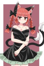 Rule 34 | 1girl, alternate costume, animal ears, black bow, black dress, black tail, bow, braid, breasts, cat ears, cat tail, chups, cleavage, closed mouth, dress, extra ears, fingernails, frilled dress, frills, hair bow, highres, holding own arm, kaenbyou rin, large breasts, long fingernails, looking at viewer, medium breasts, medium hair, multiple tails, nail polish, off-shoulder dress, off shoulder, red eyes, red hair, red nails, simple background, solo, tail, touhou, twin braids, two tails