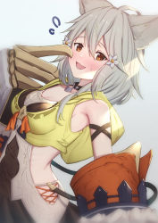 Rule 34 | 1girl, :d, animal ear fluff, animal ears, armpits, bare shoulders, blush, breasts, brown eyes, claw (weapon), commentary, erune, fangs, flower, flying sweatdrops, granblue fantasy, grey background, grey hair, hair between eyes, hair flower, hair ornament, highres, hood, hood down, long hair, looking at viewer, open mouth, sen (granblue fantasy), small breasts, smile, solo, sweat, symbol-only commentary, uneg, weapon, white flower