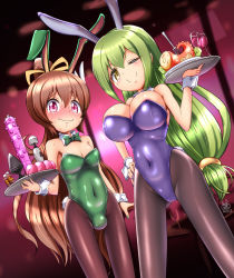 Rule 34 | 1boy, 1girl, :3, absurdres, aishuu hebiko, androgynous, animal ears, blush, breasts, brown hair, bulge, butt plug, cup, curvy, detached sleeves, dildo, drinking glass, embarrassed, fake animal ears, fake tail, food, green hair, green leotard, highleg, highleg leotard, highres, holding, holding tray, large breasts, leotard, long hair, looking at viewer, low-tied long hair, one eye closed, pantyhose, pink eyes, playboy bunny, rabbit ears, sex toy, shiny clothes, shiny skin, simple background, standing, strapless, strapless leotard, sweat, sweatdrop, tail, taimanin (series), taimanin asagi, taimanin rpgx, tears, trap, tray, uehara shikanosuke, very long hair, wavy mouth, wink, yellow eyes, zakkin (zakkinman)