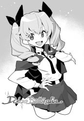 Rule 34 | 1girl, :d, anchovy (girls und panzer), anzio school uniform, belt, cape, commentary, cowboy shot, cropped legs, dress shirt, drill hair, dutch angle, emblem, gesture, girls und panzer, greyscale, hair ribbon, hand on own hip, highres, italian text, long hair, long sleeves, looking at viewer, miniskirt, monochrome, necktie, open mouth, ouma bunshichirou, pantyhose, pleated skirt, ribbon, school uniform, shirt, skirt, smile, solo, sparkle, standing, translation request, twin drills, twintails