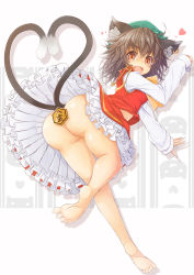 Rule 34 | 1girl, animal ears, ass, barefoot, bow, brown eyes, cat ears, cat tail, chen, earrings, fang, fingernails, frills, full body, hat, heart, heart tail, highres, jewelry, long fingernails, long sleeves, looking at viewer, looking back, maru-pen, mob cap, multiple tails, no panties, open mouth, paw pose, shirt, short hair, single earring, skirt, smile, solo, striped, striped background, tail, touhou, upskirt, vest, white background