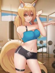 Rule 34 | 1girl, :d, absurd fox, absurdres, animal ear fluff, animal ears, arknights, arm strap, bare arms, bare shoulders, black shorts, blonde hair, breasts, cleavage, commentary, cowboy shot, crop top, cross-body stretch, hair between eyes, highres, indoors, large breasts, large tail, long hair, midriff, navel, nearl (arknights), open mouth, short shorts, shorts, smile, solo, sports bra, standing, stomach, tail, thigh strap, thighs, yellow eyes
