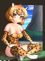 Rule 34 | 10s, 1girl, animal ears, bad id, bad nicoseiga id, bare shoulders, blonde hair, blush, breasts, cleavage, collarbone, covered erect nipples, elbow gloves, gloves, indian style, iwahana, jaguar (kemono friends), jaguar ears, jaguar print, jaguar tail, kemono friends, leotard, looking at viewer, multicolored hair, no shoes, short hair, sitting, smile, solo, tail, thighhighs, yellow eyes