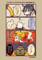 Rule 34 | 1girl, 4koma, ahoge, alternate hair color, blonde hair, blush stickers, comic, commentary request, cosplay, ear piercing, emphasis lines, facebook, facebook-san, glowing, hair flaps, hairband, highres, jitome, long hair, nintendo, personification, piercing, ponytail, protagonist (ring fit adventure), protagonist (ring fit adventure) (cosplay), red eyes, ring (ring fit adventure), ring fit adventure, ring fit trainee, ring fit trainee (cosplay), ring fit trainee (female), sidelocks, sweatdrop, translation request, tsukigi, twitter-san, twitter username