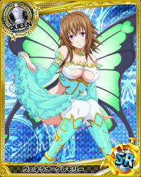 Rule 34 | 1girl, ahoge, anklet, blush, breasts, brown hair, card (medium), chess piece, cleavage, cleavage cutout, clothing cutout, fairy wings, female focus, frilled skirt, frills, high school dxd, jewelry, large breasts, looking at viewer, mature female, necklace, purple eyes, queen (chess), skirt, smile, solo, thighhighs, venelana gremory, wings