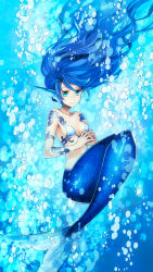 Rule 34 | 1girl, ashi, bikini, bikini top only, blue hair, bubble, fins, floating hair, green eyes, own hands clasped, head fins, long hair, mermaid, monster girl, original, own hands together, smile, solo, swimsuit, tattoo, underwater, water, wavy hair