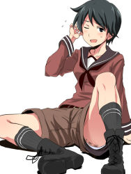 Rule 34 | 10s, 1girl, aftersex, androgynous, belt, black eyes, black hair, blush, body writing, commentary request, kantai collection, mogami (kancolle), one eye closed, open mouth, panties, pantyshot, school uniform, serafuku, short hair, shorts, sitting, socks, solo, sweatdrop, tally, ulrich (tagaragakuin), underwear, upshorts, whip marks