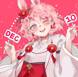 Rule 34 | 1girl, ;d, animal ears, rabbit ears, choker, dated, earrings, flower, hair flower, hair ornament, hands up, indie virtual youtuber, japanese clothes, jewelry, kimono, kyousa38, looking at viewer, one eye closed, open mouth, pink hair, red background, red flower, shirazuya eru, smile, solo, upper body, virtual youtuber, wide sleeves