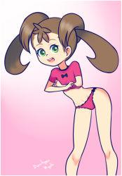 Rule 34 | 1girl, brown hair, creatures (company), drantyno, female focus, game freak, gradient background, green eyes, long hair, looking at viewer, navel, nintendo, open mouth, panties, pink background, pink panties, pink shirt, pokemon, pokemon xy, shauna (pokemon), shirt, short sleeves, simple background, smile, solo, teeth, twintails, underwear, undressing, upper body