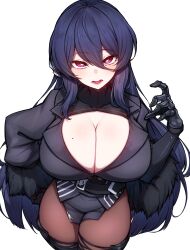 Rule 34 | 1girl, absurdres, blue hair, breasts, bright pupils, cleavage, cleavage cutout, clothing cutout, contrapposto, cowboy shot, dark blue hair, from above, hair between eyes, hand on own hip, hand up, headgear, highres, huge breasts, iron saga, jacket, long bangs, long hair, long sleeves, looking at viewer, mechanical arms, mole, mole on breast, oboro (iron saga), open mouth, pantyhose, purple eyes, rikuguma, simple background, single mechanical arm, solo, thighhighs, tsurime, very long hair, white background
