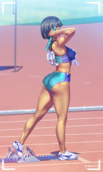 Rule 34 | 1girl, a.x., ass, bare shoulders, bikini, black hair, breasts, buruma, dated, closed eyes, from side, full body, highres, kneepits, medium breasts, midriff, original, perky breasts, relay baton, running track, shoes, short hair, sneakers, solo, sports bikini, standing, starting block, sweat, swimsuit, tan, tankini, taut clothes, thighs, toned, track and field, track uniform