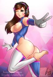 Rule 34 | adapted costume, artist name, ass, breast cutout, breasts, breasts out, brown hair, d.va (overwatch), elbow gloves, facial mark, feet, from behind, gloves, headphones, highres, long hair, nipples, no shoes, one eye closed, overwatch, overwatch 1, parted lips, renardart, thighhighs, toes, v, watermark, web address, whisker markings, wink
