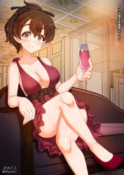 Rule 34 | 1girl, ass, bare legs, bare shoulders, blush, breasts, brown eyes, brown hair, cleavage, closed mouth, crossed legs, cup, dress, drinking glass, girls und panzer, hair ornament, hair ribbon, highres, indoors, koyama yuzu, large breasts, looking at viewer, megadeko, no bra, ponytail, red dress, ribbon, shiny skin, sitting, smile, solo, wide hips