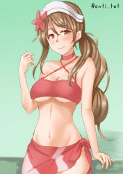 Rule 34 | 1girl, alternate costume, anti (untea9), bikini, breasts, brown eyes, brown hair, cleavage, collarbone, cowboy shot, gradient background, green background, highres, kantai collection, large breasts, littorio (kancolle), long hair, looking at viewer, navel, ponytail, red bikini, red sarong, sarong, smile, solo, swimsuit, twitter username, underboob, wavy hair
