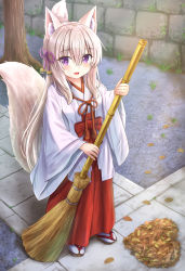 Rule 34 | :d, absurdres, animal ear fluff, animal ears, autumn leaves, bamboo broom, broom, brown footwear, brown hair, commentary request, folded ponytail, fox ears, fox girl, fox tail, hair between eyes, hair ribbon, hakama, hakama skirt, highres, holding, holding broom, iroha (iroha matsurika), japanese clothes, kimono, koyoi (iroha (iroha matsurika)), leaf pile, long hair, looking at viewer, miko, open clothes, open mouth, original, pink ribbon, purple eyes, red hakama, ribbon, sandals, skirt, smile, socks, solo, tabi, tail, very long hair, white kimono, white socks, zouri