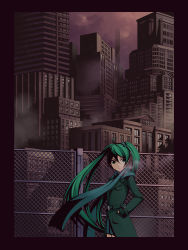 Rule 34 | 1girl, border, breath, chain-link fence, cityscape, coat, fence, green eyes, green hair, hands in pockets, hatsune miku, long hair, matching hair/eyes, night, scarf, scenery, solo, torigoe takumi, twintails, vocaloid