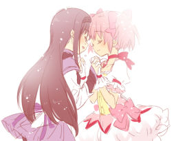 Rule 34 | 10s, 2girls, akemi homura, black hair, closed eyes, face-to-face, forehead-to-forehead, gloves, hairband, heads together, holding hands, kaname madoka, long hair, lowres, magic circle, mahou shoujo madoka magica, mahou shoujo madoka magica (anime), mochiya marosuke, multiple girls, pink hair, short hair, simple background, smile, tears, twintails, white gloves