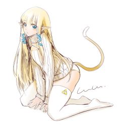 Rule 34 | 1girl, blonde hair, blue eyes, blush, breasts, cat tail, elf, full body, long hair, looking at viewer, meme attire, nintendo, no pants, no shoes, open-chest sweater, panties, pointy ears, princess zelda, ruru (lulubuu), signature, simple background, skindentation, small breasts, solo, sweater, tail, the legend of zelda, the legend of zelda: skyward sword, thighhighs, thighs, triforce, underwear, white background, white panties, white thighhighs