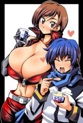 Rule 34 | 1girl, blue hair, breasts, brown hair, huge breasts, jacket, kaito (vocaloid), kloah, meiko (vocaloid), vocaloid