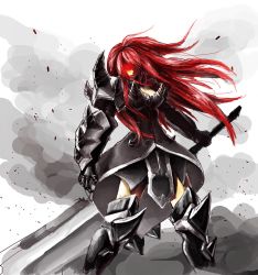 Rule 34 | 1girl, armor, armored dress, breasts, debris, erza scarlet, fairy tail, gaiya, glowing, glowing eyes, greaves, highres, huge weapon, long hair, red eyes, red hair, resized, smoke, solo, spikes, third-party edit, weapon