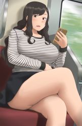 Rule 34 | 1girl, :o, black hair, black skirt, breasts, brown eyes, cellphone, crossed legs, day, feet out of frame, highres, holding, holding phone, large breasts, long hair, long sleeves, looking at viewer, mole, mole on ass, mole under mouth, original, phone, plump, ryokucha michi, shirt, skirt, striped clothes, striped shirt, thighs, train interior, white shirt