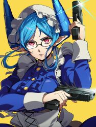 Rule 34 | 1girl, blue hair, blue horns, breasts, closed mouth, collared dress, commentary request, dragon girl, dragon horns, dress, dual wielding, glasses, glint, gun, handgun, hat, highres, holding, holding gun, holding weapon, horns, large breasts, long sleeves, looking at viewer, maid, maid headdress, melusine (housamo), mob cap, nizitaro, pink eyes, pointy ears, puffy long sleeves, puffy sleeves, short hair, sidelocks, simple background, slit pupils, solo, tokyo houkago summoners, upper body, weapon, yellow background