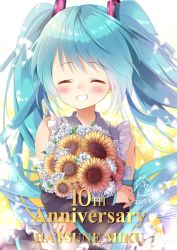Rule 34 | 1girl, :d, anniversary, aqua hair, black sleeves, blush, bouquet, character name, closed eyes, commentary request, detached sleeves, flower, grin, hair ornament, hatsune miku, highres, holding, kuune rin, long hair, long sleeves, looking to the side, open mouth, shirt, signature, simple background, skirt, sleeveless, sleeveless shirt, smile, solo, sunflower, tattoo, twintails, upper body, very long hair, vocaloid, wide sleeves