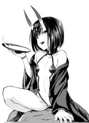 Rule 34 | 1girl, alcohol, cup, fate/grand order, fate (series), greyscale, hirama hirokazu, horns, japanese clothes, kimono, midriff, monochrome, navel, off shoulder, oni, open mouth, sakazuki, sake, short hair, shuten douji (fate), shuten douji (first ascension) (fate), simple background, sitting, sitting on person, skin-covered horns, solo focus, white background