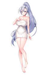 Rule 34 | 1girl, absurdres, bad feet, barefoot, blue eyes, braid, breasts, full body, grey hair, highres, large breasts, long hair, looking at viewer, naked towel, simple background, smile, solo, standing, tachi-e, towel, uzura (moimoi), white background