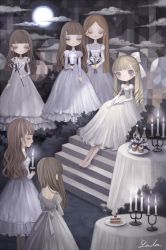 Rule 34 | 6+girls, blonde hair, blunt bangs, bow, branch, brown hair, candle, cloud, dress, food, glowing, hair bow, highres, multiple girls, original, plate, profile, ringlets, shirosaki london, signature, sitting, stairs, tablecloth, white bow, white dress