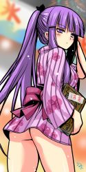 Rule 34 | 1girl, :&lt;, alternate hairstyle, ass, blunt bangs, blush, book, female focus, floral print, from behind, frown, glaring, highres, japanese clothes, kimono, long hair, looking at viewer, looking back, obi, patchouli knowledge, ponytail, print kimono, purple eyes, purple hair, purple kimono, sash, short kimono, short yukata, solo, striped clothes, striped kimono, touhou, umyonge (lkakeu), vertical-striped clothes, vertical-striped kimono, very long hair, yukata