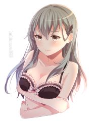 Rule 34 | 1girl, bad id, bad pixiv id, black bra, blush, bra, breasts, cleavage, closed mouth, collarbone, cropped torso, green eyes, green hair, hair between eyes, hair ornament, hairclip, highres, kantai collection, kukimaru, large breasts, long hair, signature, simple background, suzuya (kancolle), transparent background, twitter username, underwear, white background