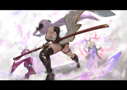 Rule 34 | 2girls, animal ears, asymmetrical legwear, battle, black gloves, boots, braid, breasts, brown hair, bug, butterfly, commentary, draph, dutch angle, elbow gloves, erune, fighting stance, from behind, glint, gloves, granblue fantasy, granblue fantasy versus, hair ribbon, highres, horns, insect, letterboxed, light purple hair, long hair, metera (granblue fantasy), multiple girls, n9+, narmaya (granblue fantasy), ootachi, ribbon, sheath, sideboob, thigh boots, thigh strap, thighhighs, trait connection, uneven legwear, unsheathing