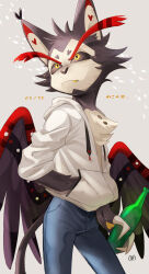 Rule 34 | 1boy, black sclera, bottle, colored sclera, dated, denim, fang, furry, furry male, grey background, hand in pocket, hazbin hotel, highres, holding, holding bottle, hood, hood down, hooded jacket, husk (hazbin hotel), jacket, jeans, long eyebrows, looking to the side, male focus, pants, solo, sumi wo hakuneko, translation request, white jacket, wings, yellow teeth